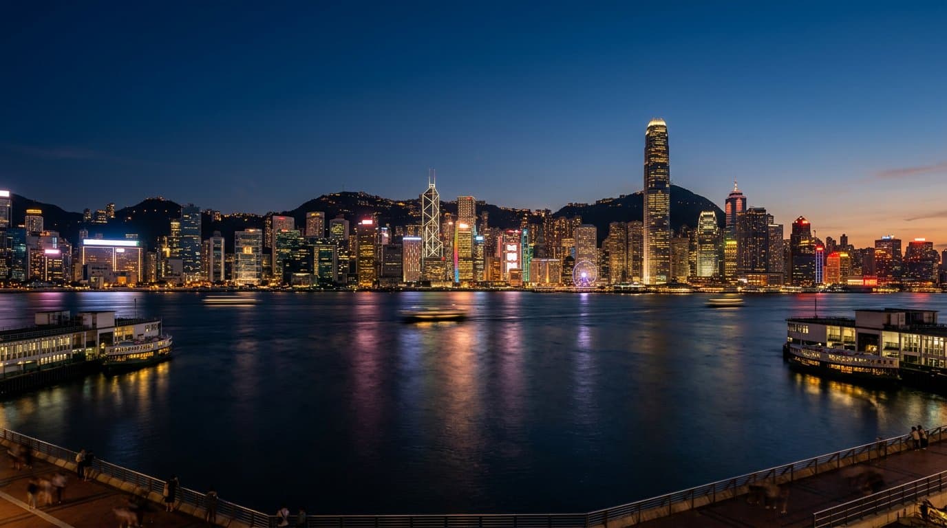 Hong Kong Victoria Harbour skyline at dusk